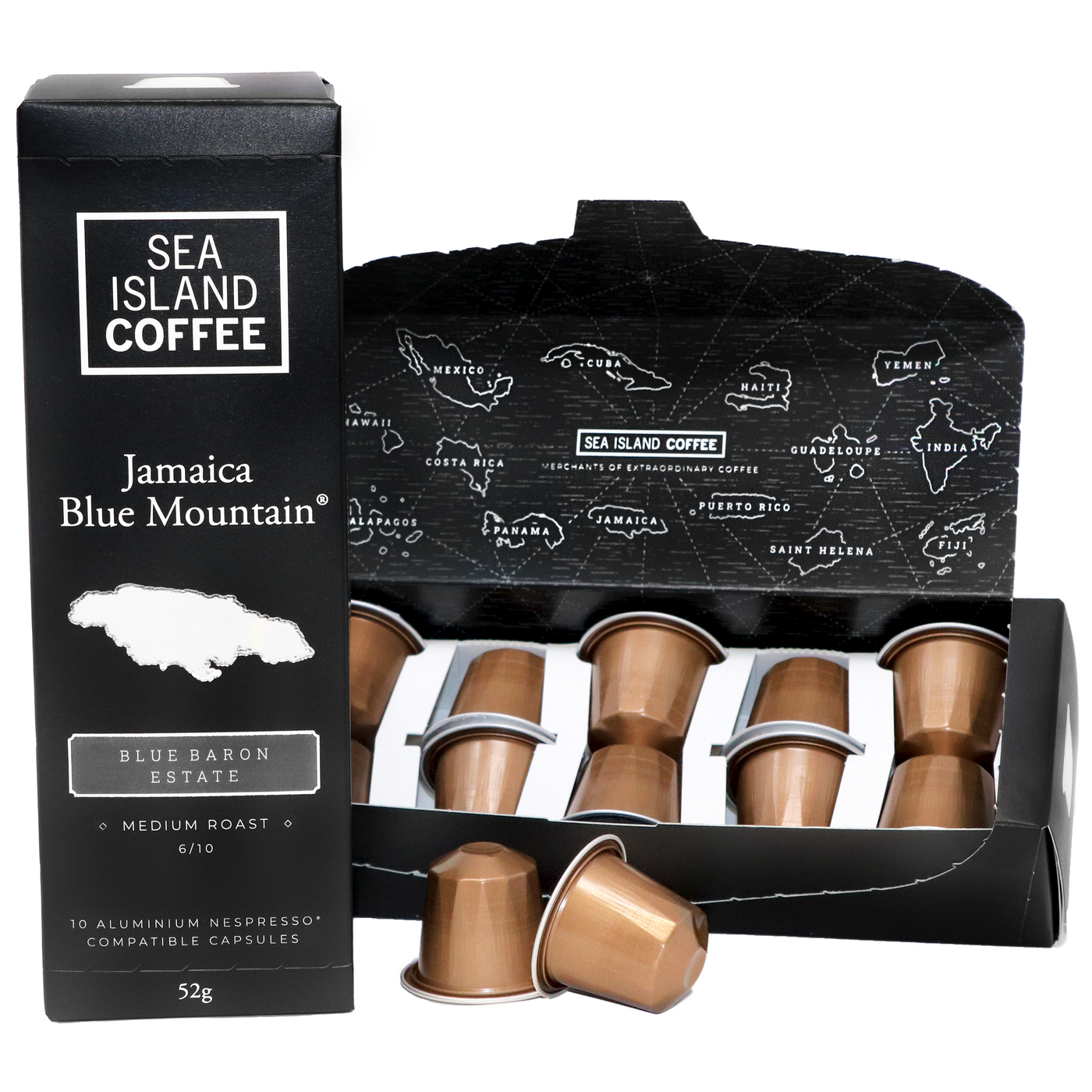 Product shot of some Jamaica Blue Mountain Medium Roast Nespresso compatible pods
