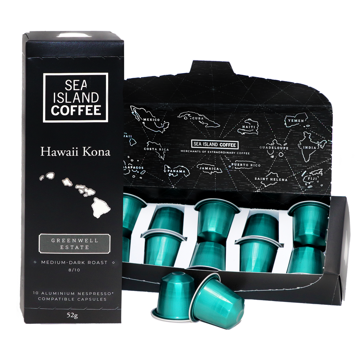 Product shot of some Hawaii Kona Nespresso compatible coffee pods in light blue/green capsules