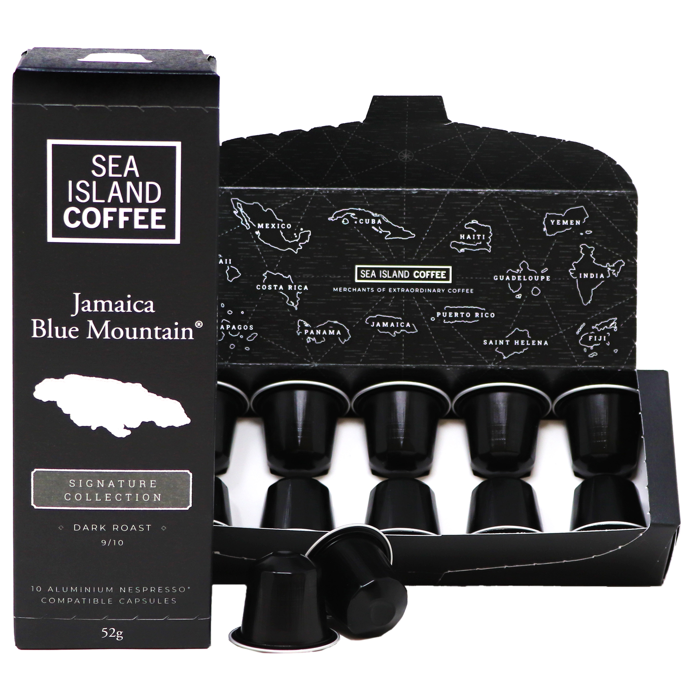 Product shot of some Jamaica Blue Mountain Nespresso compatible coffee pods in black dark roast capsules