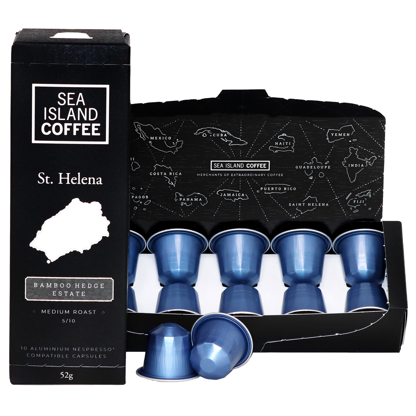 Product photo of St Helena medium roast Nespresso compatible coffee pods