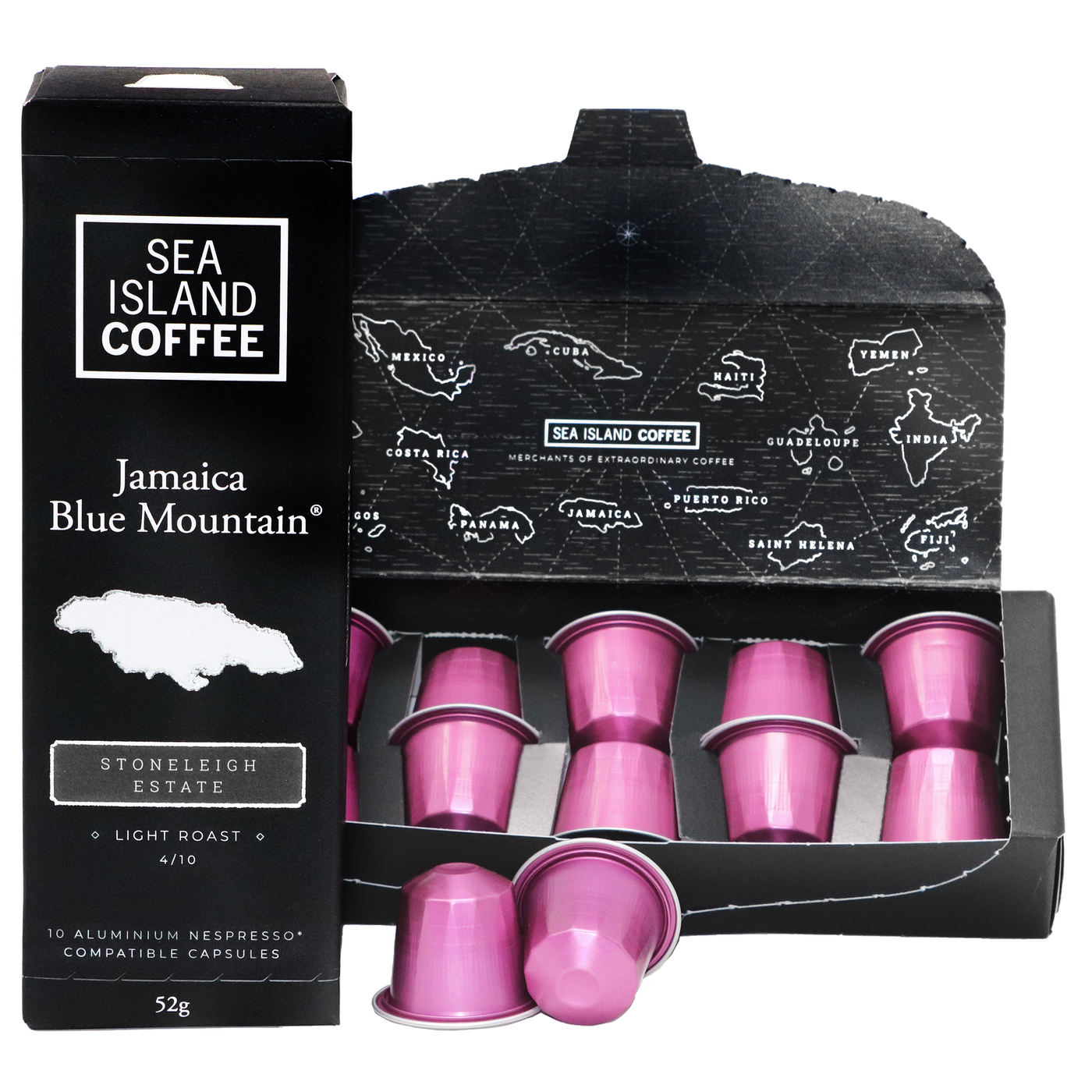 Product shot of some Jamaica Blue Mountain light roast Nespresso compatible capsules from Stoneleigh estate