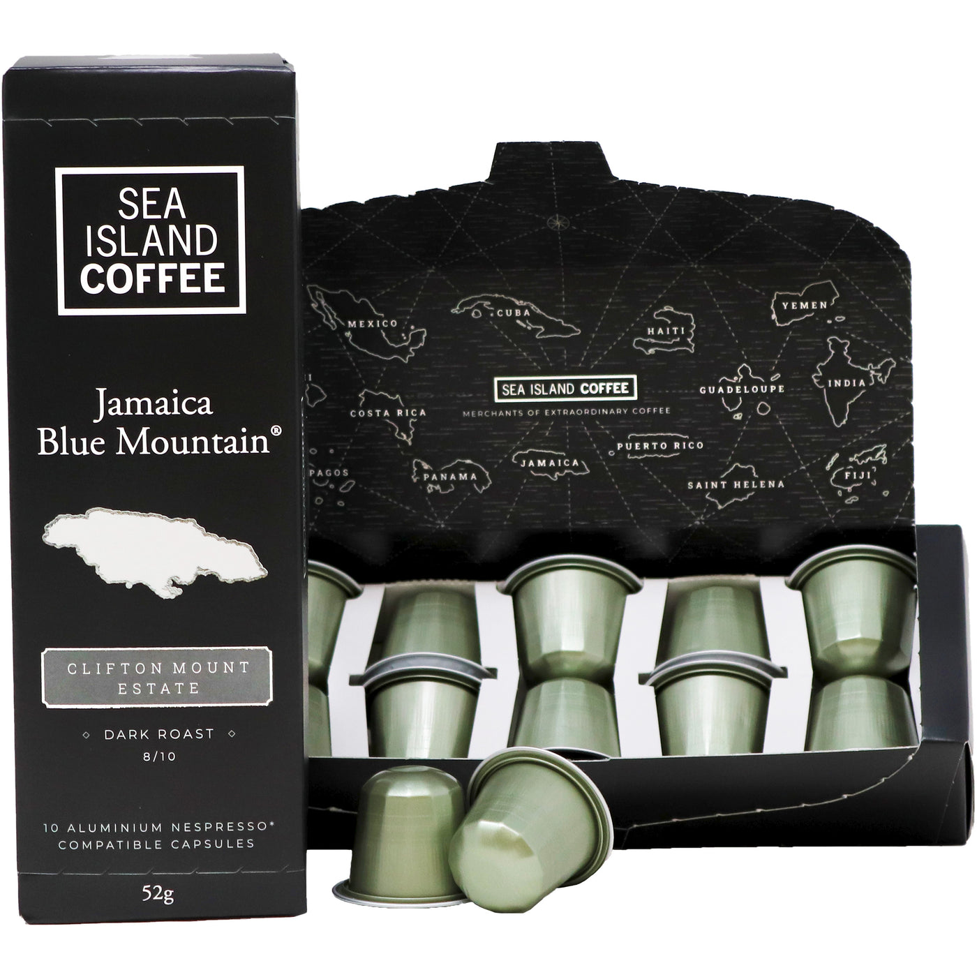 Product shot of some Jamaica Blue Mountain dark roast Nespresso compatible coffee pods from Clifton Mount Estate