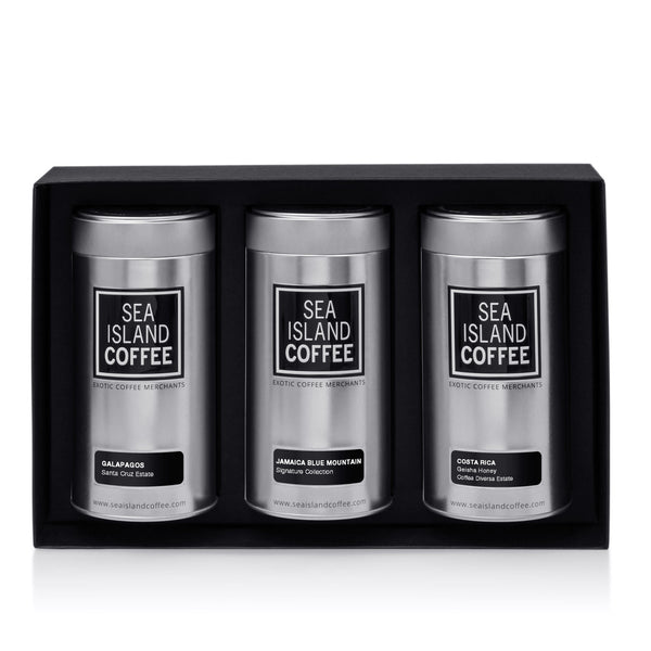 A luxury coffee gift set, with coffees from the Jamaica Blue Mountains, Costa Rica and Galapagos.