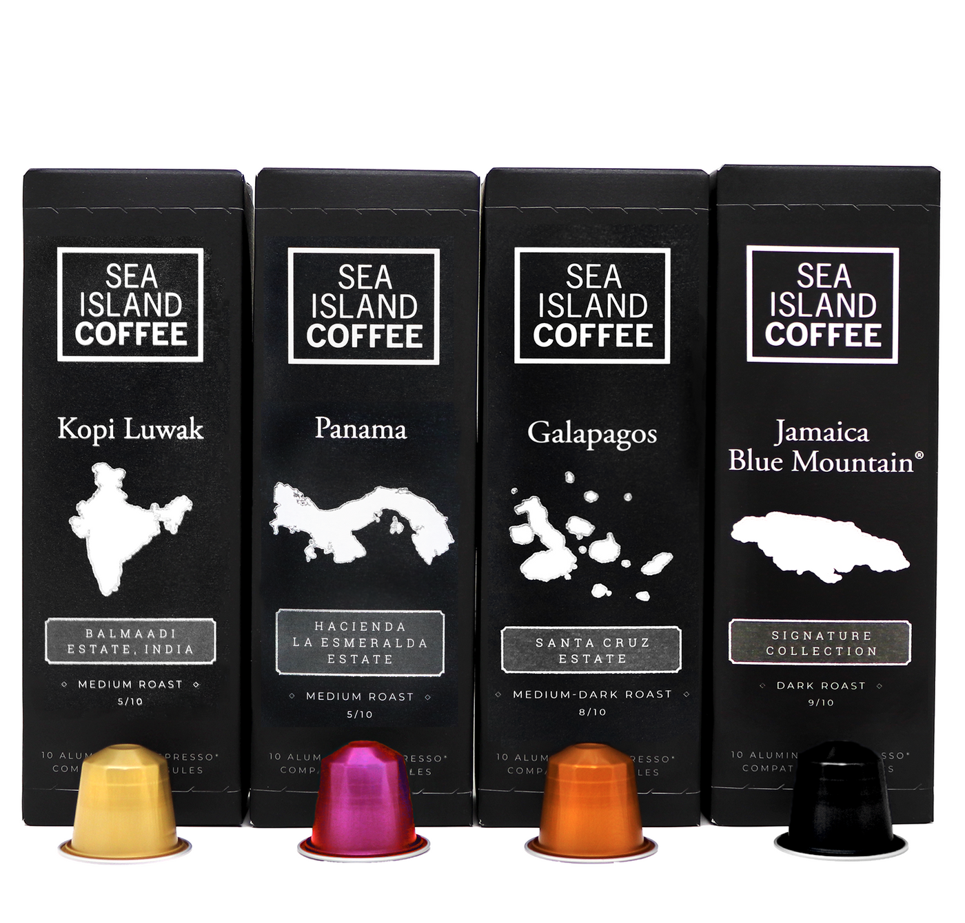 Box of 4 black boxes of different Nespresso compatible coffee pods