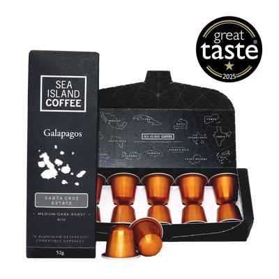 Product shot of some Galapagos medium-dark roast Nespresso compatible coffee pods from Santa Cruz Estate