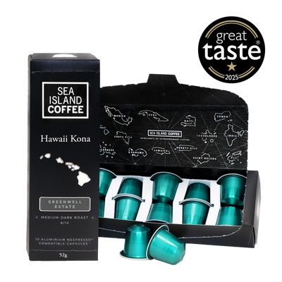 Product shot of some Hawaii Kona Medium-Dark roast Nespresso compatible capsules from Greenwell Estate