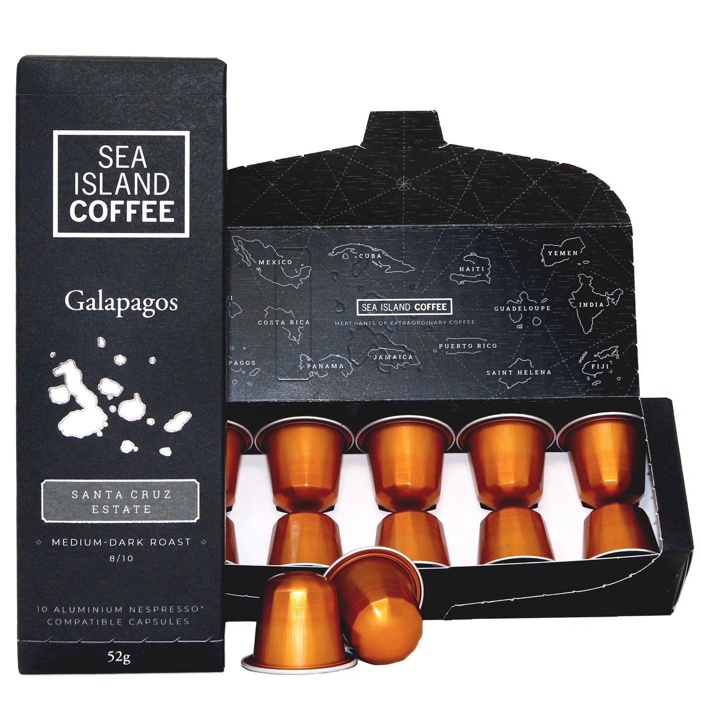 Product shot of some Galapagos Island Medium Roast Nespresso capsules 