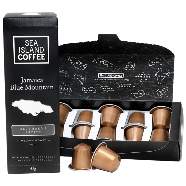 Product shot of some Jamaica Blue Mountain Medium Roast Nespresso compatible pods