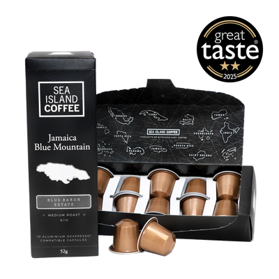Product shot of some Jamaica Blue Mountain Medium Roast Nespresso compatible pods