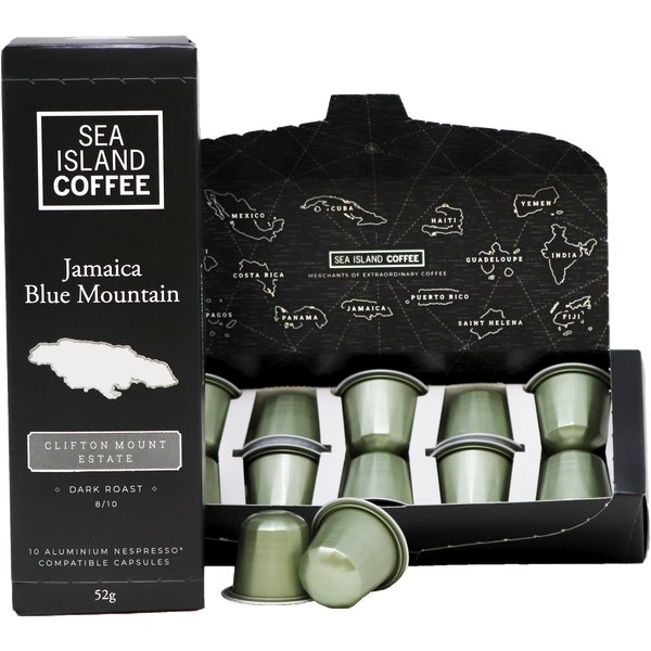 Product shot of some Jamaica Blue Mountain dark roast Nespresso compatible coffee pods from Clifton Mount Estate