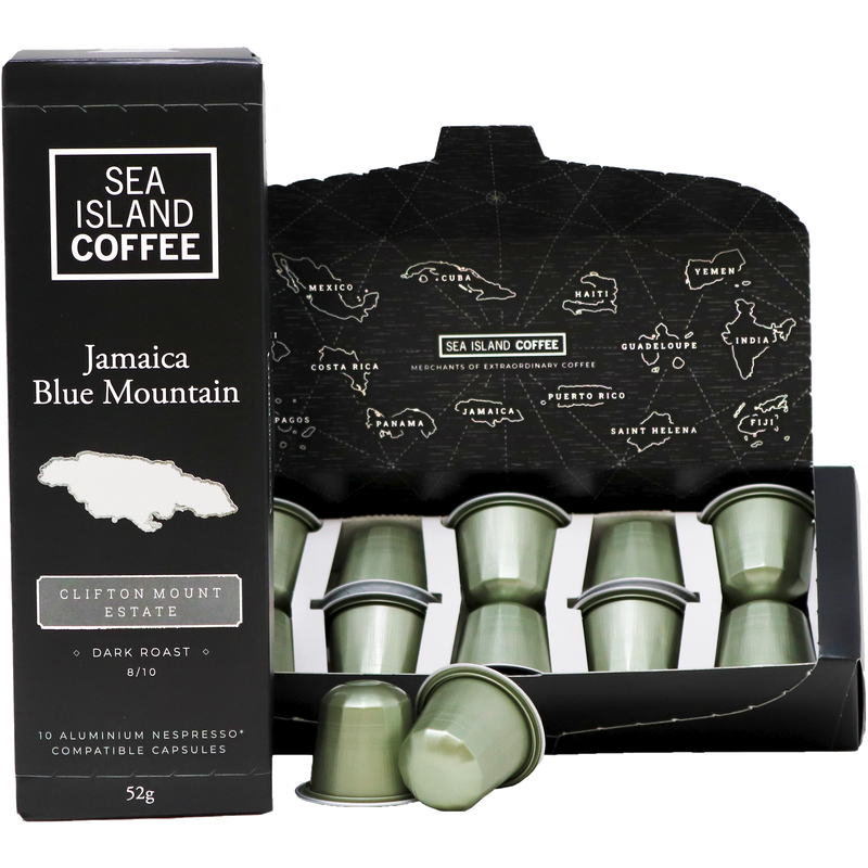 Product shot of some Jamaica Blue Mountain dark roast Nespresso compatible coffee pods from Clifton Mount Estate