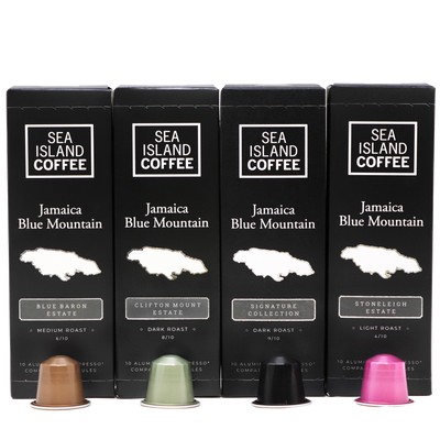 Box of 4 black boxes of different Jamaica Blue Mountain Nespresso compatible coffee pods