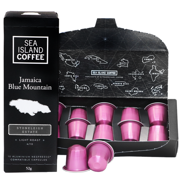 Product shot of some Jamaica Blue Mountain light roast Nespresso compatible capsules from Stoneleigh estate