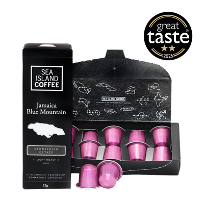 Product shot of some Jamaica Blue Mountain light roast Nespresso compatible capsules from Stoneleigh estate