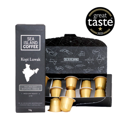 Product shot of some Wild Kopi Luwak medium roast Nespresso compatible capsules from India