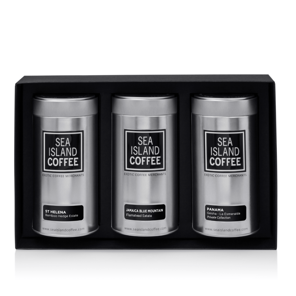 Luxury Coffee Gift set, including: St Helena coffee, Jamaica Blue Mountain Coffee and Panama Geisha coffee. 