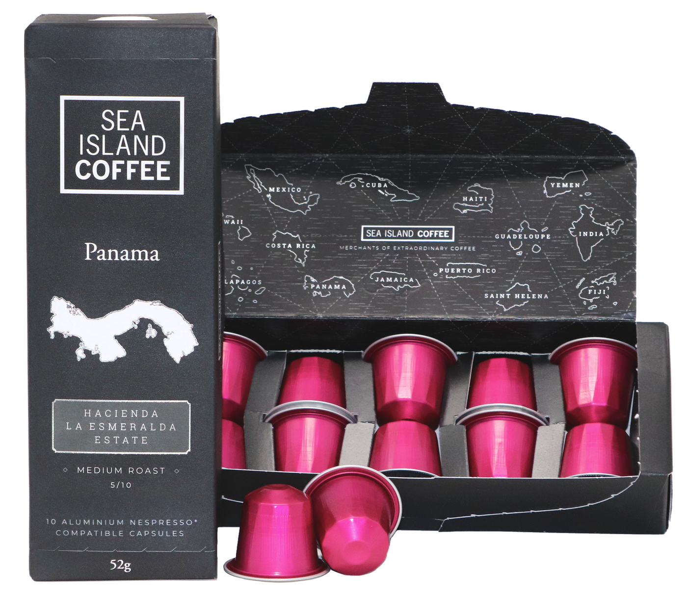 Product shot of some Panama Geisha Nespresso compatible coffee capsules in medium roast