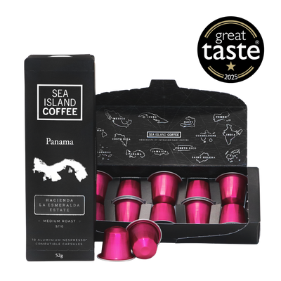 Product shot of some Panama Geisha medium roast Nespresso compatible coffee pods from Hacienda La Esmeralda