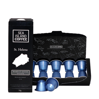 Product shot of some St Helena medium roast Nespresso compatible coffee pods from Bamboo Hedge Estate
