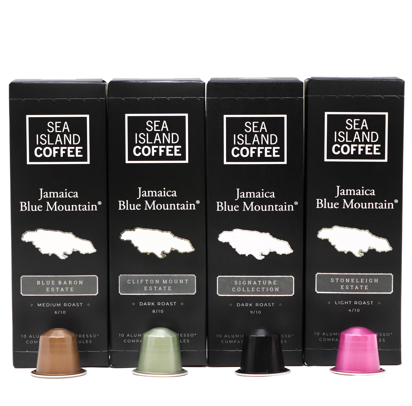 Four boxes of black Nespresso compatible Jamaica Blue Mountain coffee pods