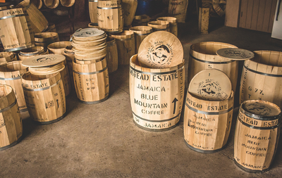 Flamstead Estate barrels containing Jamaica Blue Mountain coffee beans