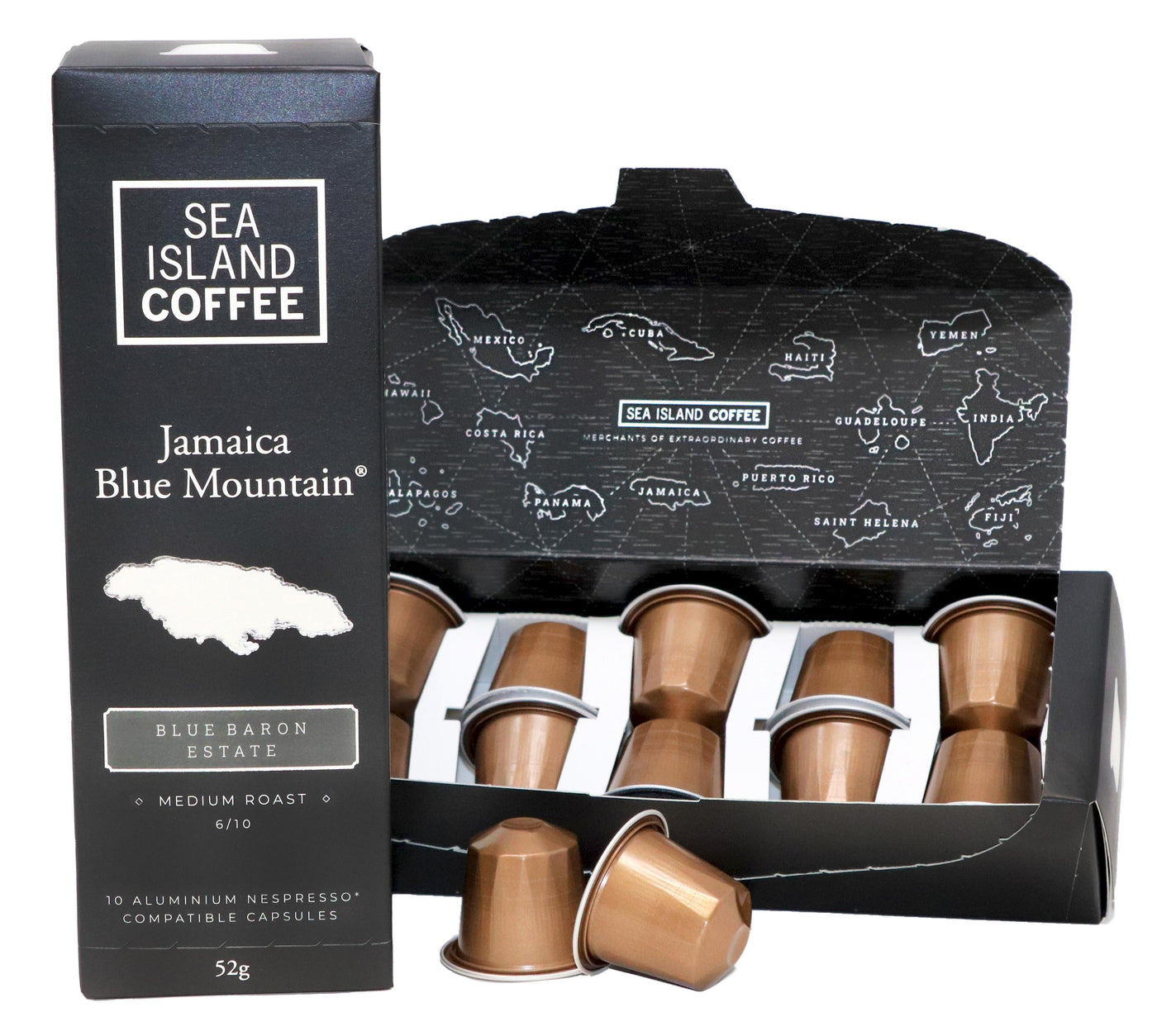 Product shot of some Jamaica Blue Mountain Medium Roast Nespresso compatible pods