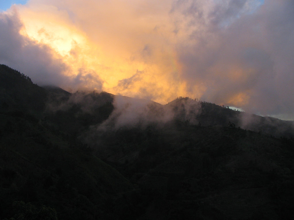 Landscape of a misty sunset in the Jamaica Blue Mountains