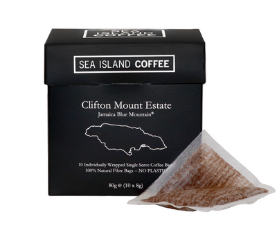 Single Use coffee bags containing Jamaica Blue Mountain coffee from Clifton Mount estate